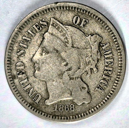 1868 3 Cent Nickel Very Good Features Full Liberty Partial Pillars US 3C