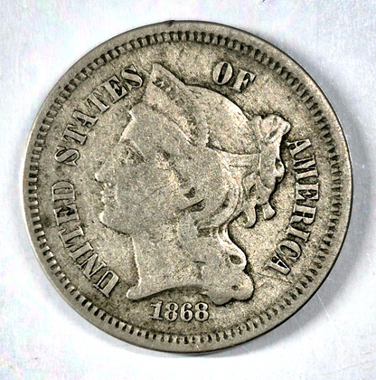 1868 3 Cent Nickel Very Good Features Full Liberty Partial Pillars US 3C