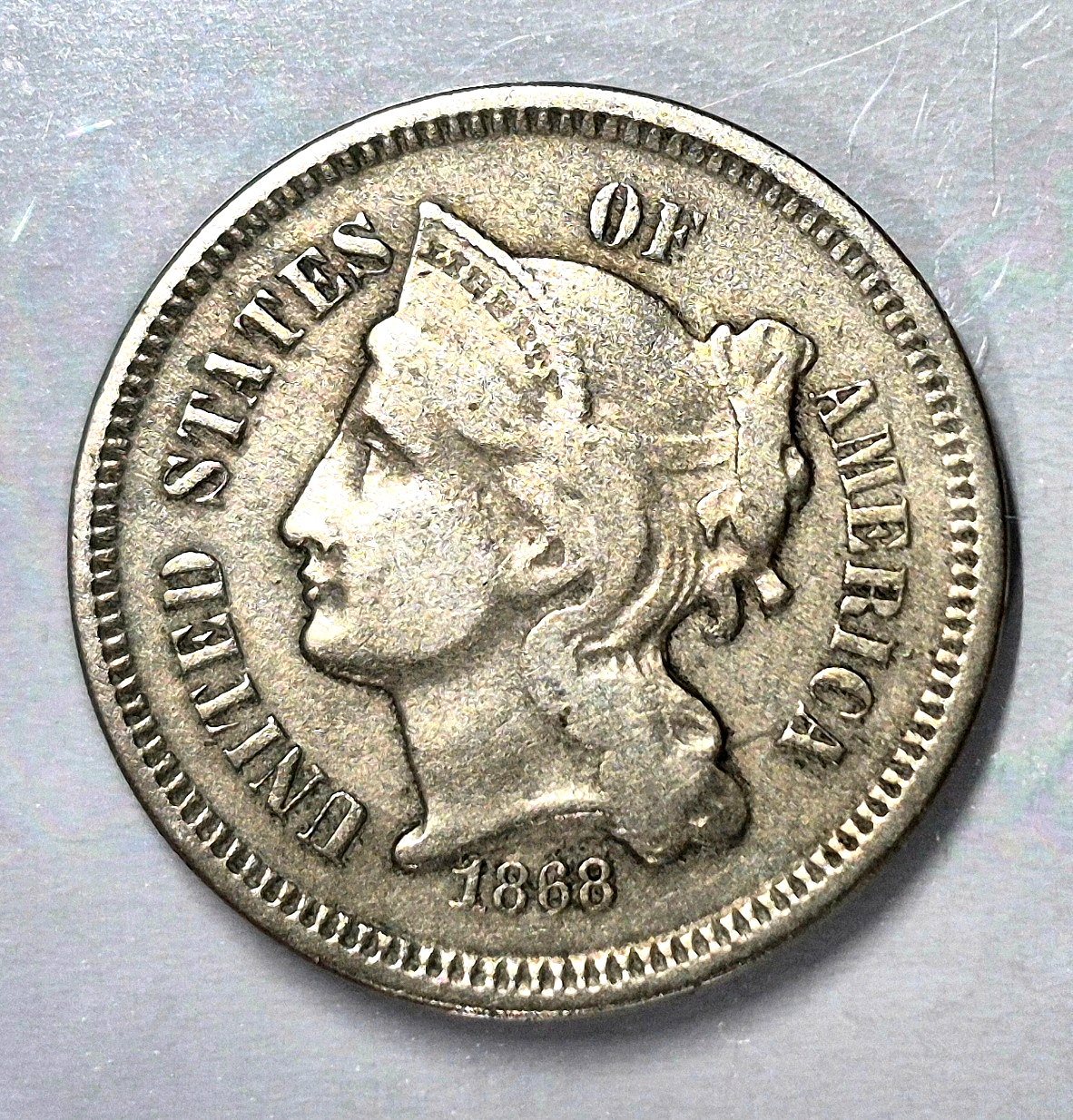 1868 3 Cent Nickel Fine Features Full Liberty Partial Pillars US 3C