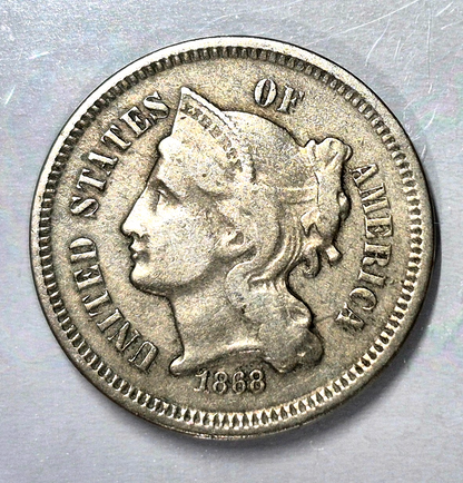 1868 3 Cent Nickel Fine Features Full Liberty Partial Pillars US 3C