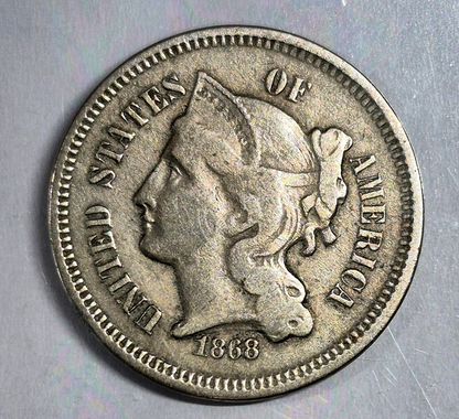 1868 3 Cent Nickel Fine Features Full Liberty Partial Pillars US 3C