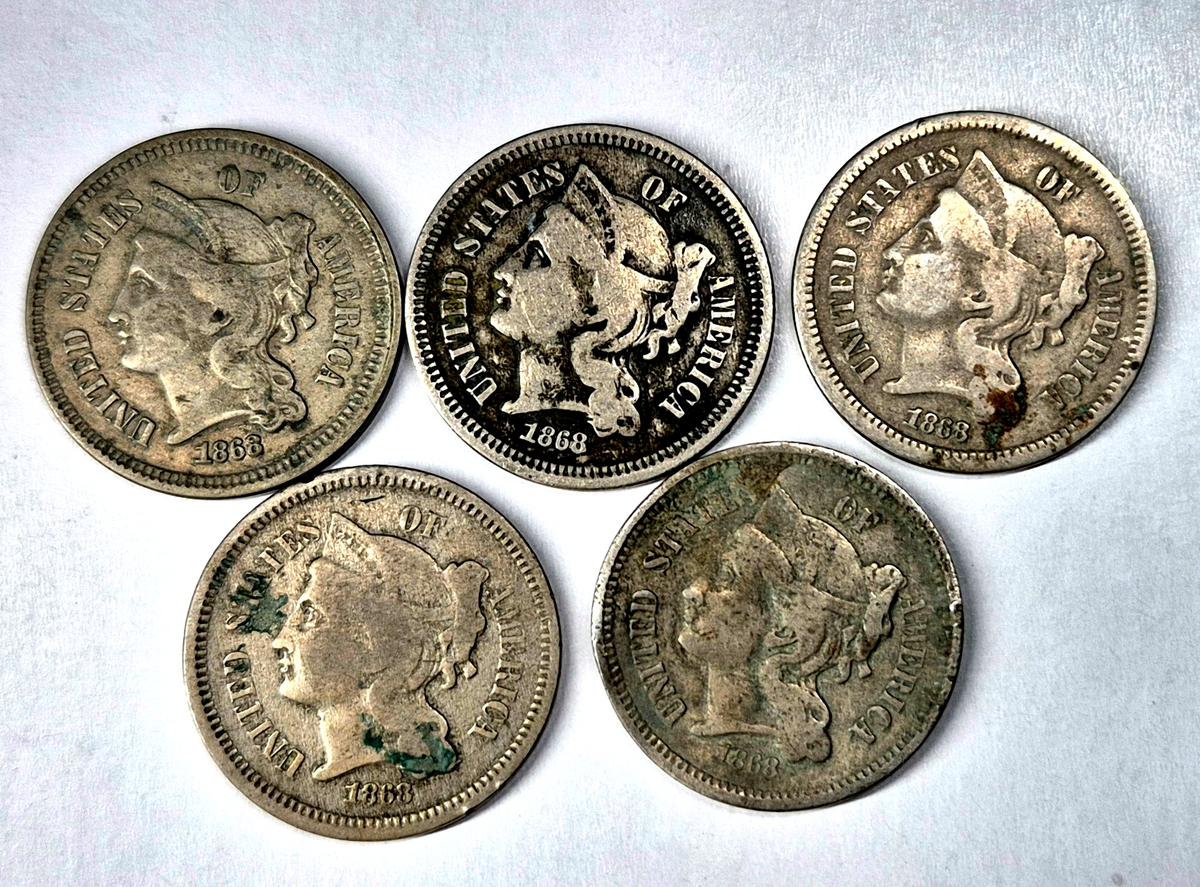 Lot (5) 1868 3 Cent Nickels G-VG Features Full Liberty Partial Pillars As Shown