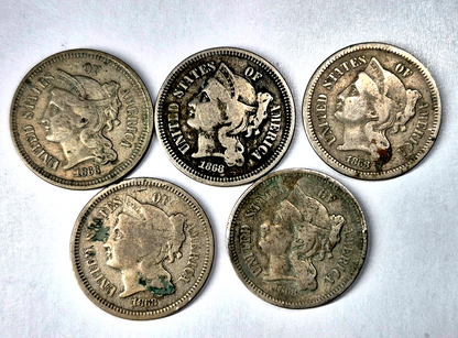 Lot (5) 1868 3 Cent Nickels G-VG Features Full Liberty Partial Pillars As Shown