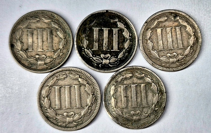 Lot (5) 1868 3 Cent Nickels G-VG Features Full Liberty Partial Pillars As Shown
