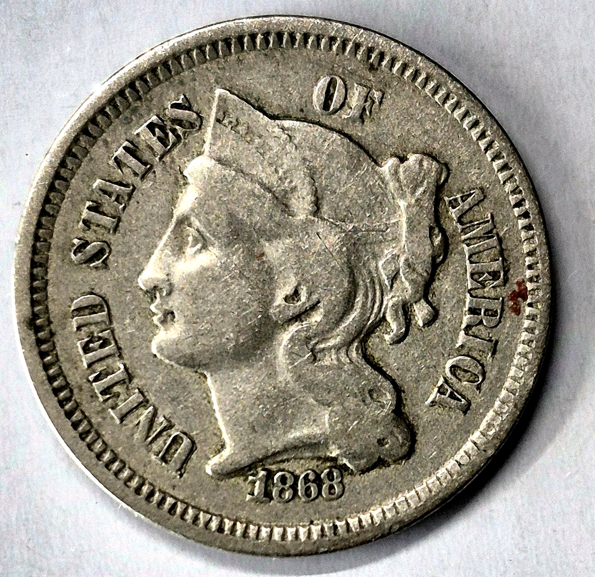 1868 3 Cent Nickel Very Fine Features Full Liberty Partial Pillars US 3C