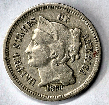 1868 3 Cent Nickel Very Fine Features Full Liberty Partial Pillars US 3C