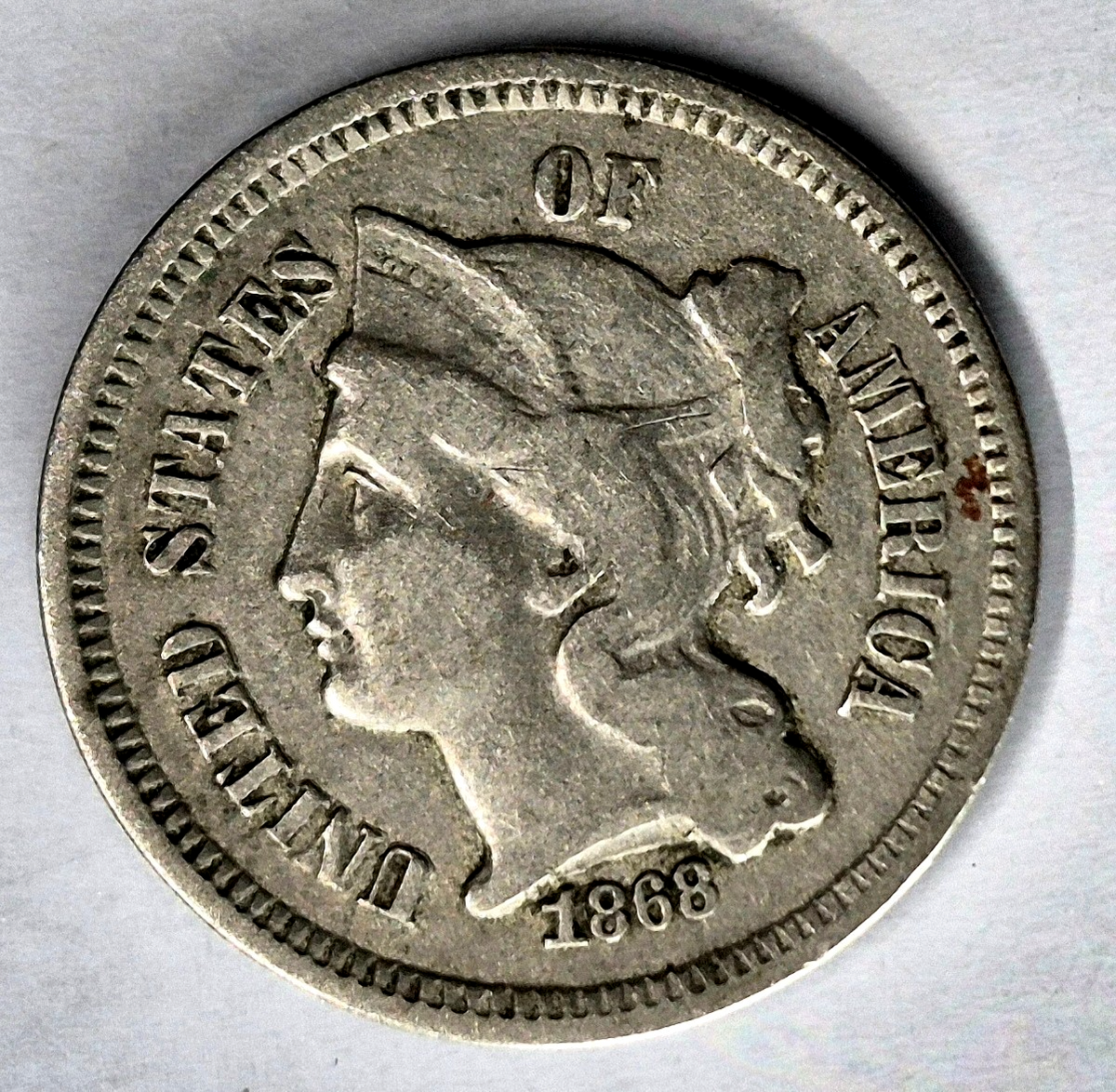 1868 3 Cent Nickel Very Fine Features Full Liberty Partial Pillars US 3C