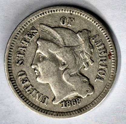 1868 3 Cent Nickel Very Fine Features Full Liberty Partial Pillars US 3C