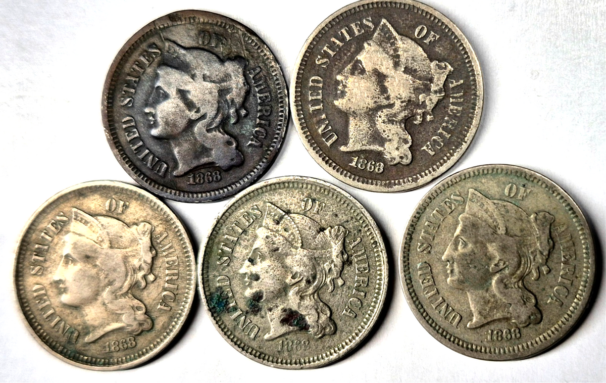 Lot (5) 1868 3 Cent Nickels G-VG Features Full Liberty Partial Pillars As Shown