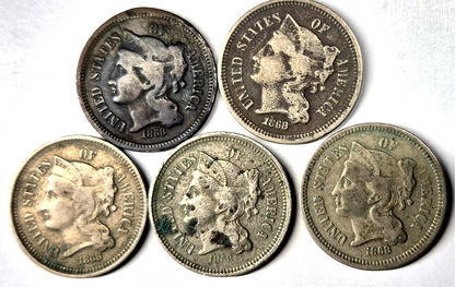 Lot (5) 1868 3 Cent Nickels G-VG Features Full Liberty Partial Pillars As Shown