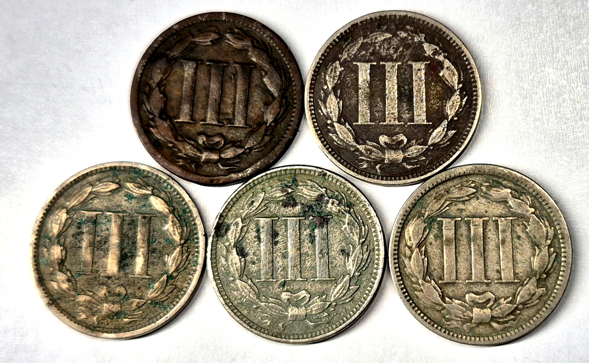 Lot (5) 1868 3 Cent Nickels G-VG Features Full Liberty Partial Pillars As Shown