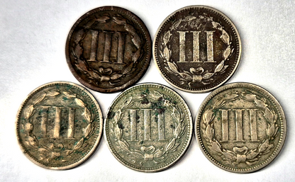 Lot (5) 1868 3 Cent Nickels G-VG Features Full Liberty Partial Pillars As Shown