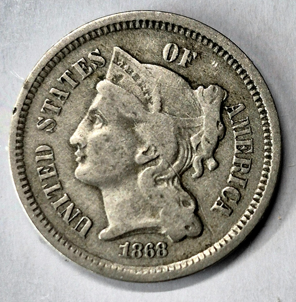1868 3 Cent Nickel Very Fine Features Full Liberty Partial Pillars US 3C