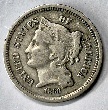 1868 3 Cent Nickel Very Fine Features Full Liberty Partial Pillars US 3C