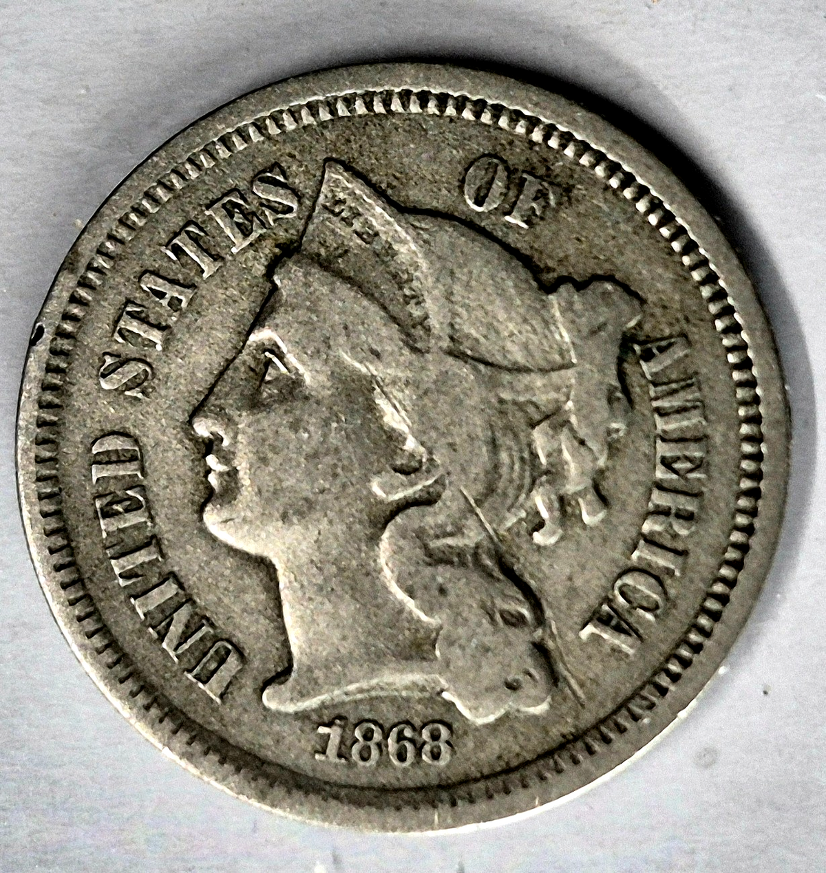 1868 3 Cent Nickel Very Fine Features Full Liberty Partial Pillars US 3C