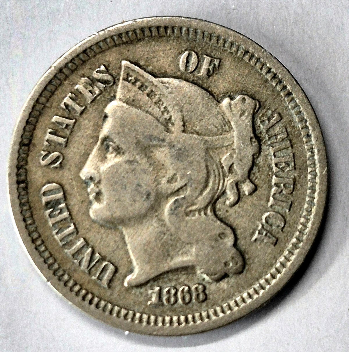 1868 3 Cent Nickel Very Fine Features Full Liberty Partial Pillars US 3C