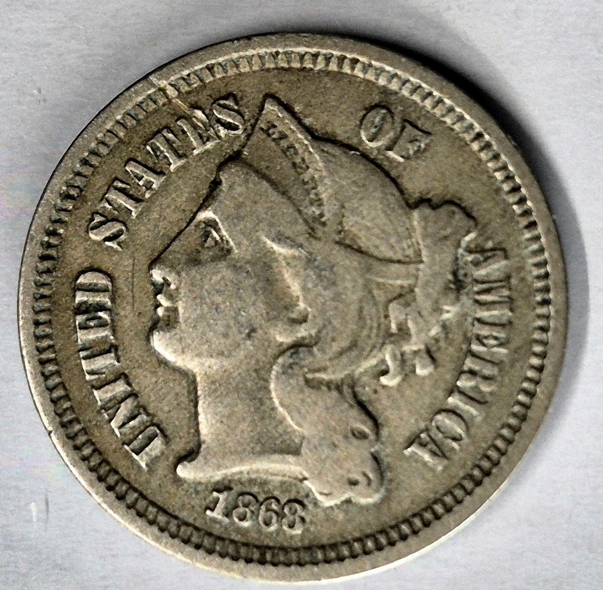 1868 3 Cent Nickel Very Fine Features Full Liberty Partial Pillars US 3C