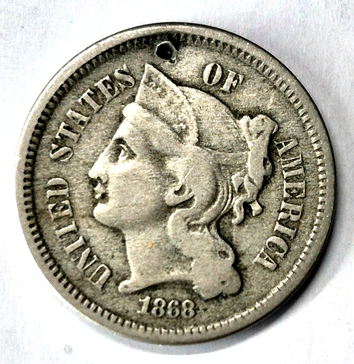 1868 3 Cent Nickel Very Fine Features Full Liberty Partial Pillars US 3C