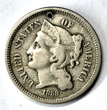 1868 3 Cent Nickel Very Fine Features Full Liberty Partial Pillars US 3C