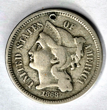 1868 3 Cent Nickel Very Fine Features Full Liberty Partial Pillars US 3C