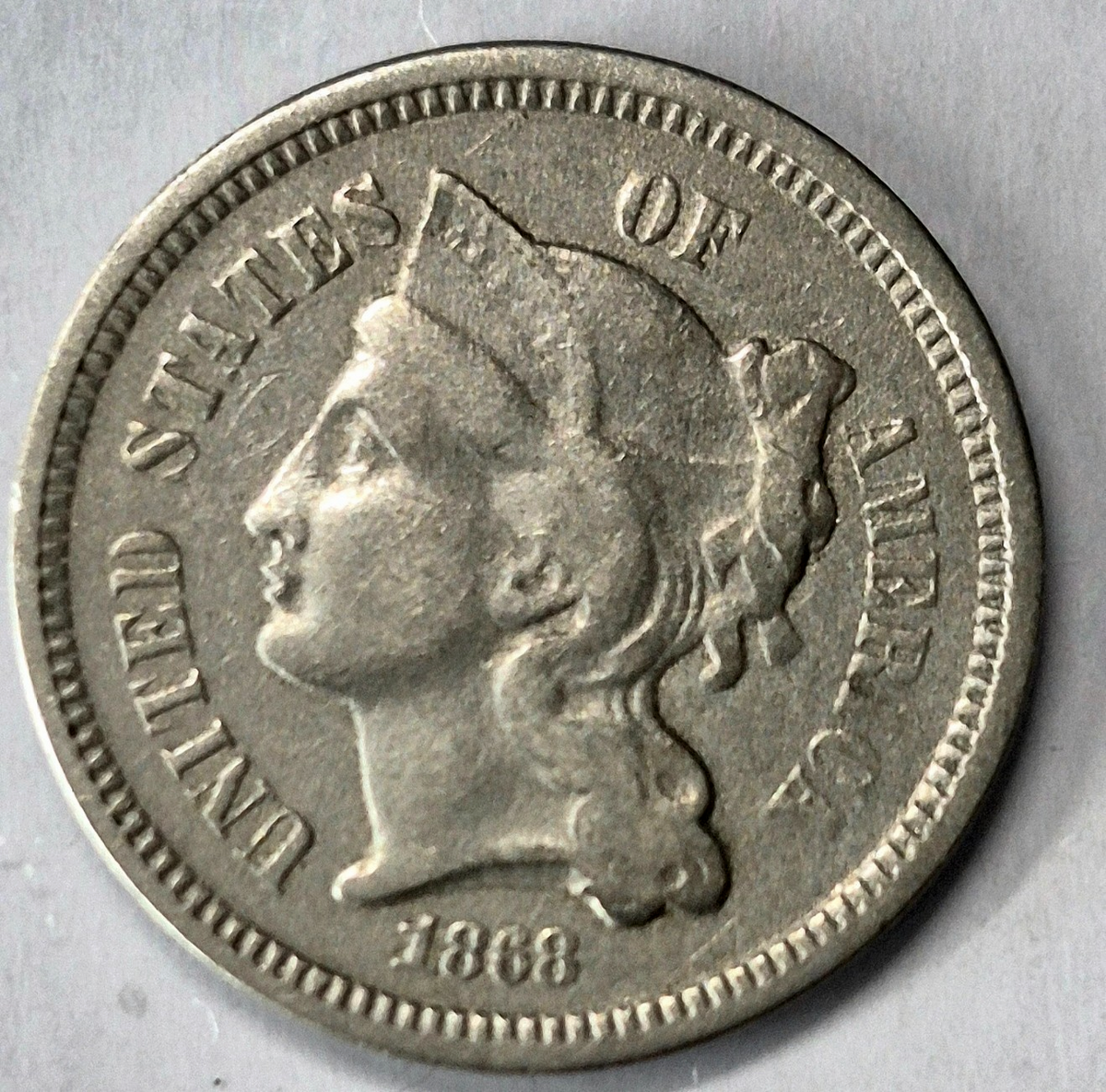 1868 3 Cent Nickel Very Fine Features Partial Liberty Partial Pillars US 3C