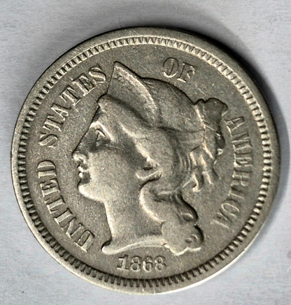 1868 3 Cent Nickel Very Fine Features Partial Liberty Partial Pillars US 3C