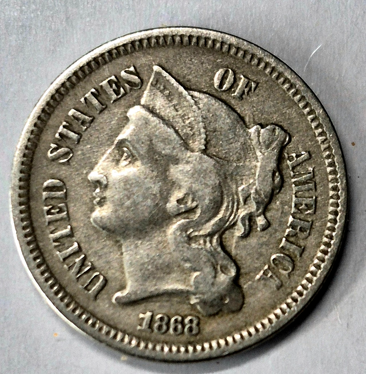 1868 3 Cent Nickel Very Fine Features Full Liberty Partial Pillars US 3C