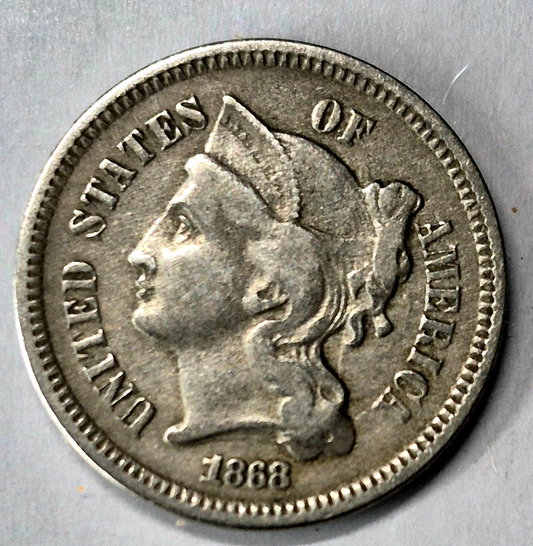 1868 3 Cent Nickel Very Fine Features Full Liberty Partial Pillars US 3C