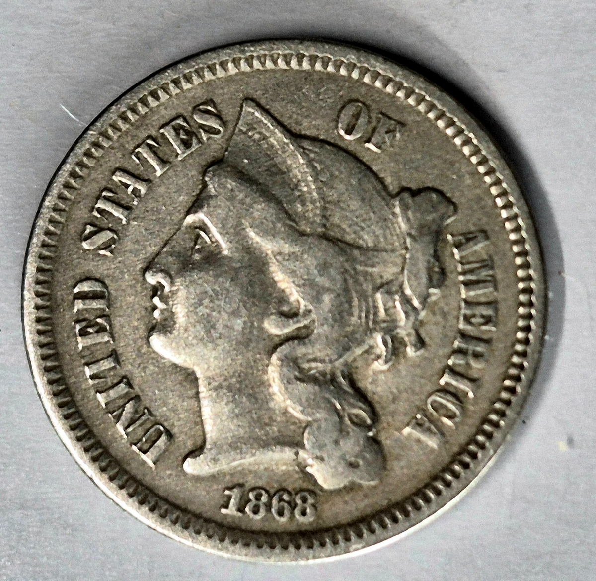 1868 3 Cent Nickel Very Fine Features Full Liberty Partial Pillars US 3C