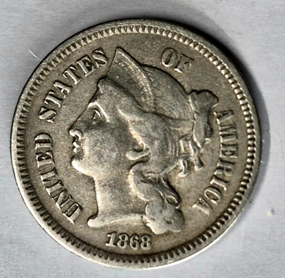 1868 3 Cent Nickel Very Fine Features Full Liberty Partial Pillars US 3C