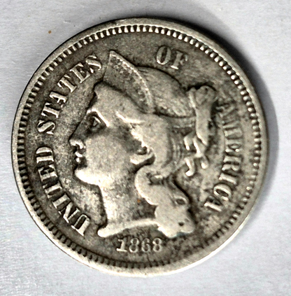 1868 3 Cent Nickel Very Fine Features Full Liberty Partial Pillars US 3C