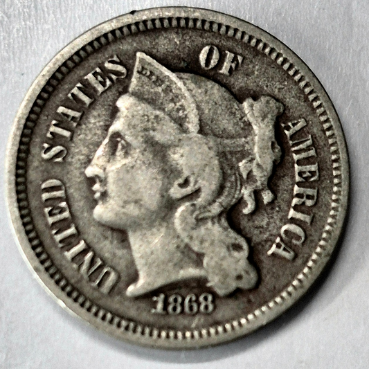1868 3 Cent Nickel Very Fine Features Full Liberty Partial Pillars US 3C