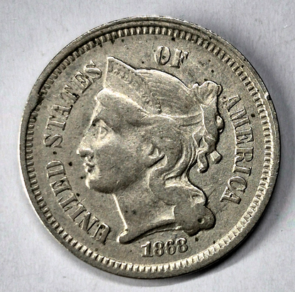 1868 3 Cent Nickel Extra Fine Features Full Liberty Partial Pillars US 3C