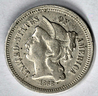 1868 3 Cent Nickel Extra Fine Features Full Liberty Partial Pillars US 3C