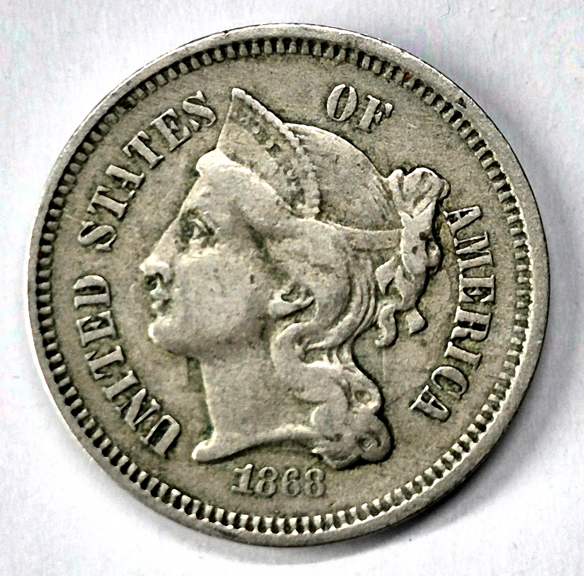 1868 3 Cent Nickel Extra Fine Features Full Liberty Partial Pillars US 3C