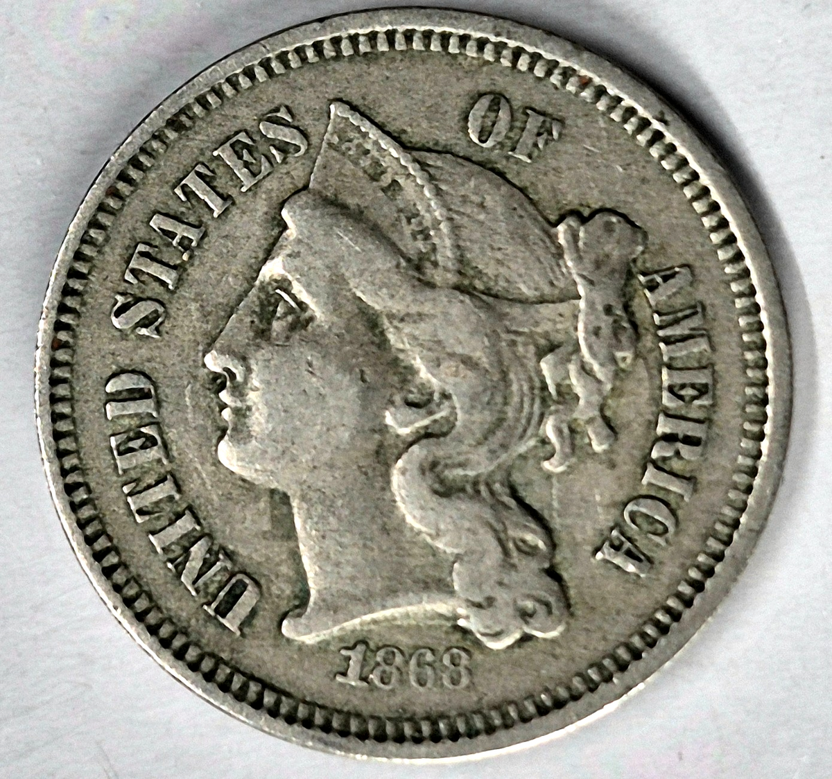 1868 3 Cent Nickel Extra Fine Features Full Liberty Partial Pillars US 3C