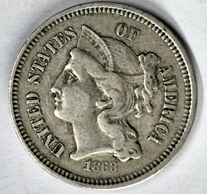 1868 3 Cent Nickel Extra Fine Features Full Liberty Partial Pillars US 3C