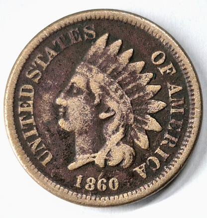 1860 Indian Head Cent Fine+ Features Type II Chunky Oak Wreath Shield Coin Shown