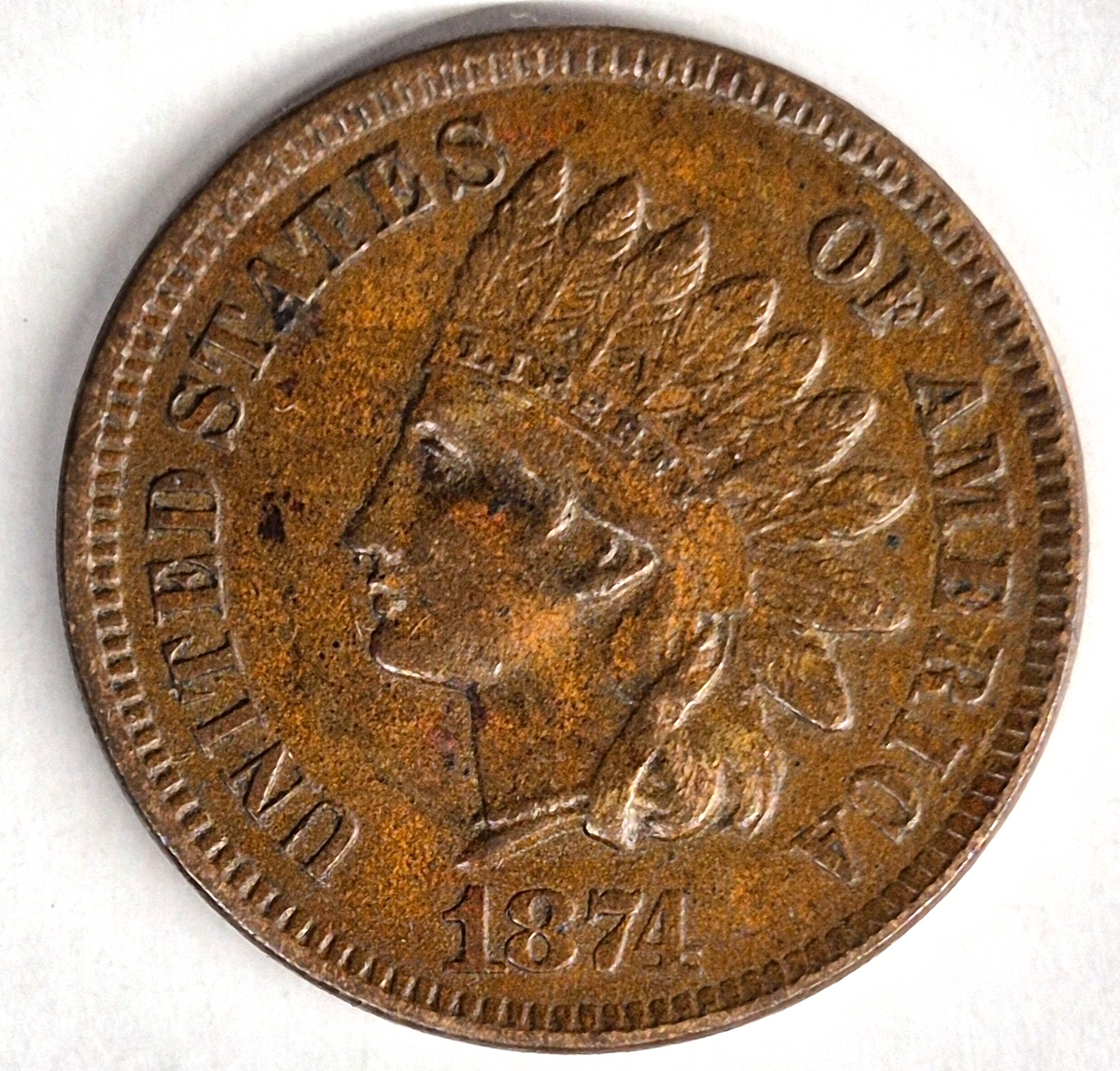1874 Indian Head Cent Choice AU-MS Features High Grade Coin Shown 1C
