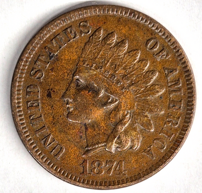 1874 Indian Head Cent Choice AU-MS Features High Grade Coin Shown 1C