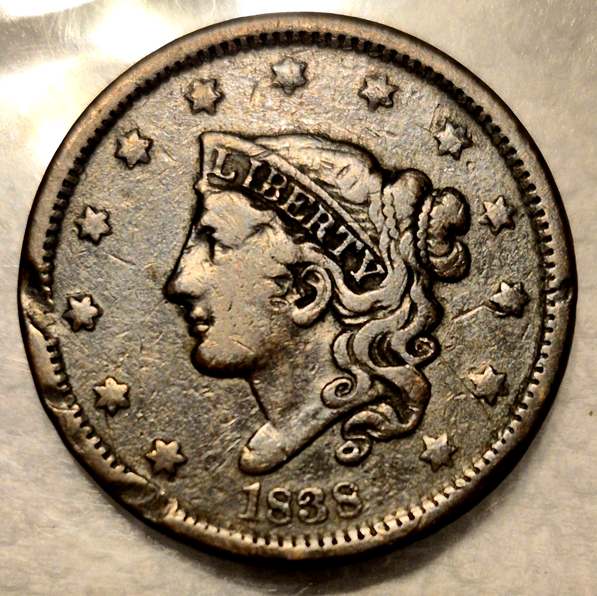 1838 Coronet Matron Head Large Cent Crisp Very Fine VF Features 1C Coin Shown