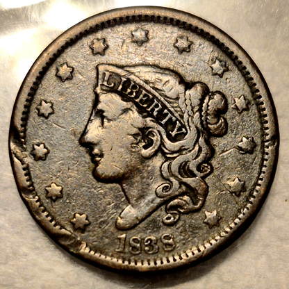 1838 Coronet Matron Head Large Cent Crisp Very Fine VF Features 1C Coin Shown
