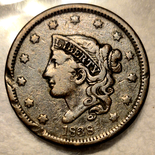 1838 Coronet Matron Head Large Cent Crisp Very Fine VF Features 1C Coin Shown