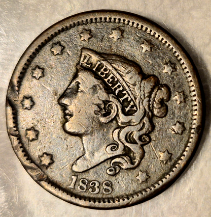 1838 Coronet Matron Head Large Cent Crisp Very Fine VF Features 1C Coin Shown