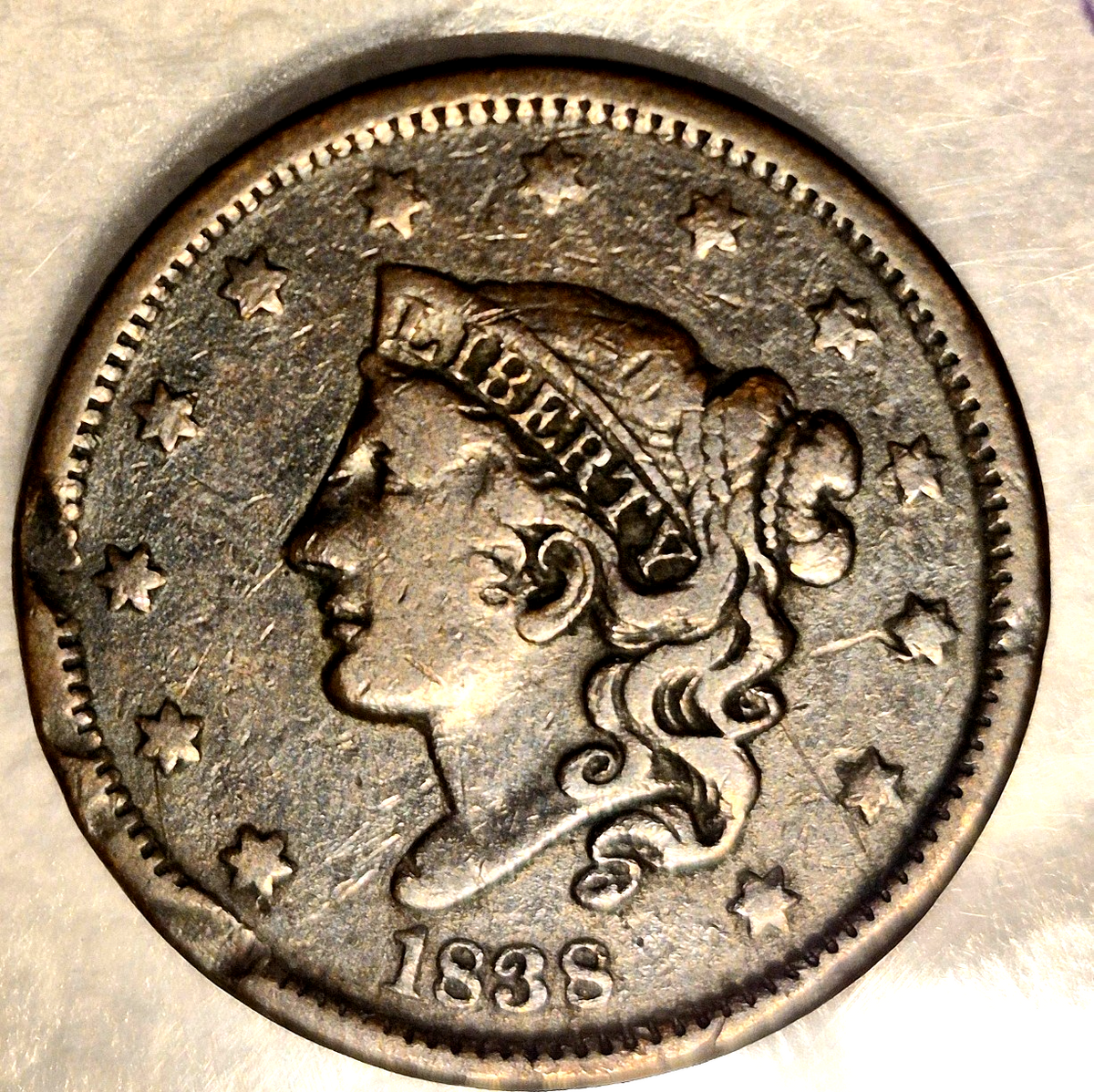 1838 Coronet Matron Head Large Cent Crisp Very Fine VF Features 1C Coin Shown