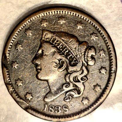 1838 Coronet Matron Head Large Cent Crisp Very Fine VF Features 1C Coin Shown
