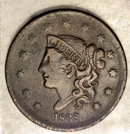 1838 Coronet Matron Head Large Cent Crisp Very Fine VF Features 1C Coin Shown