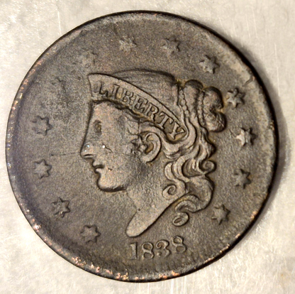 1838 Coronet Matron Head Large Cent Crisp Very Fine VF Features 1C Coin Shown