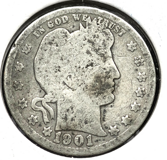 1901 Barber Silver Quarter 90% SILVER About Good or Less Condition 25C