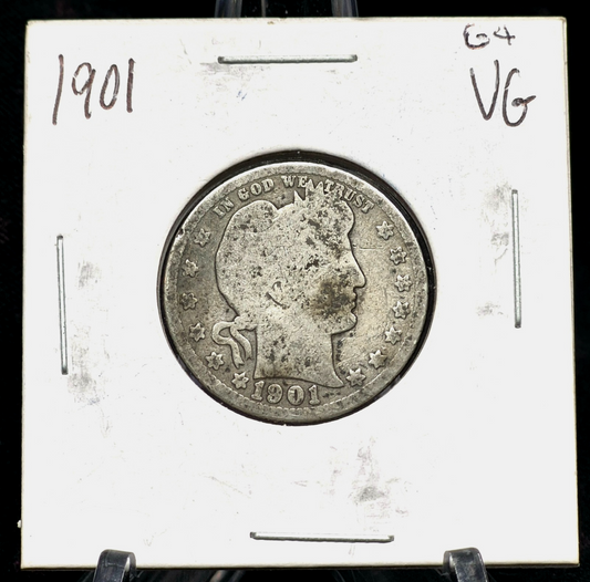 1901 Barber Silver Quarter 90% SILVER About Good or Less Condition 25C